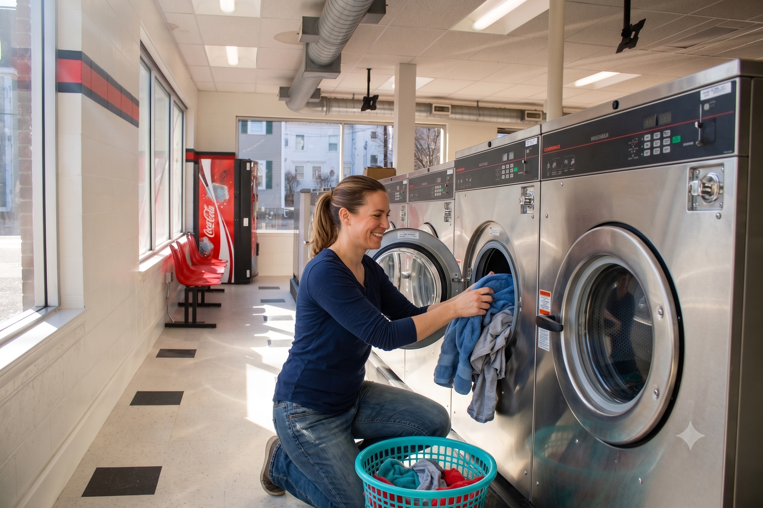 Woman loading laundry into a washer at Main Street Laundromat
